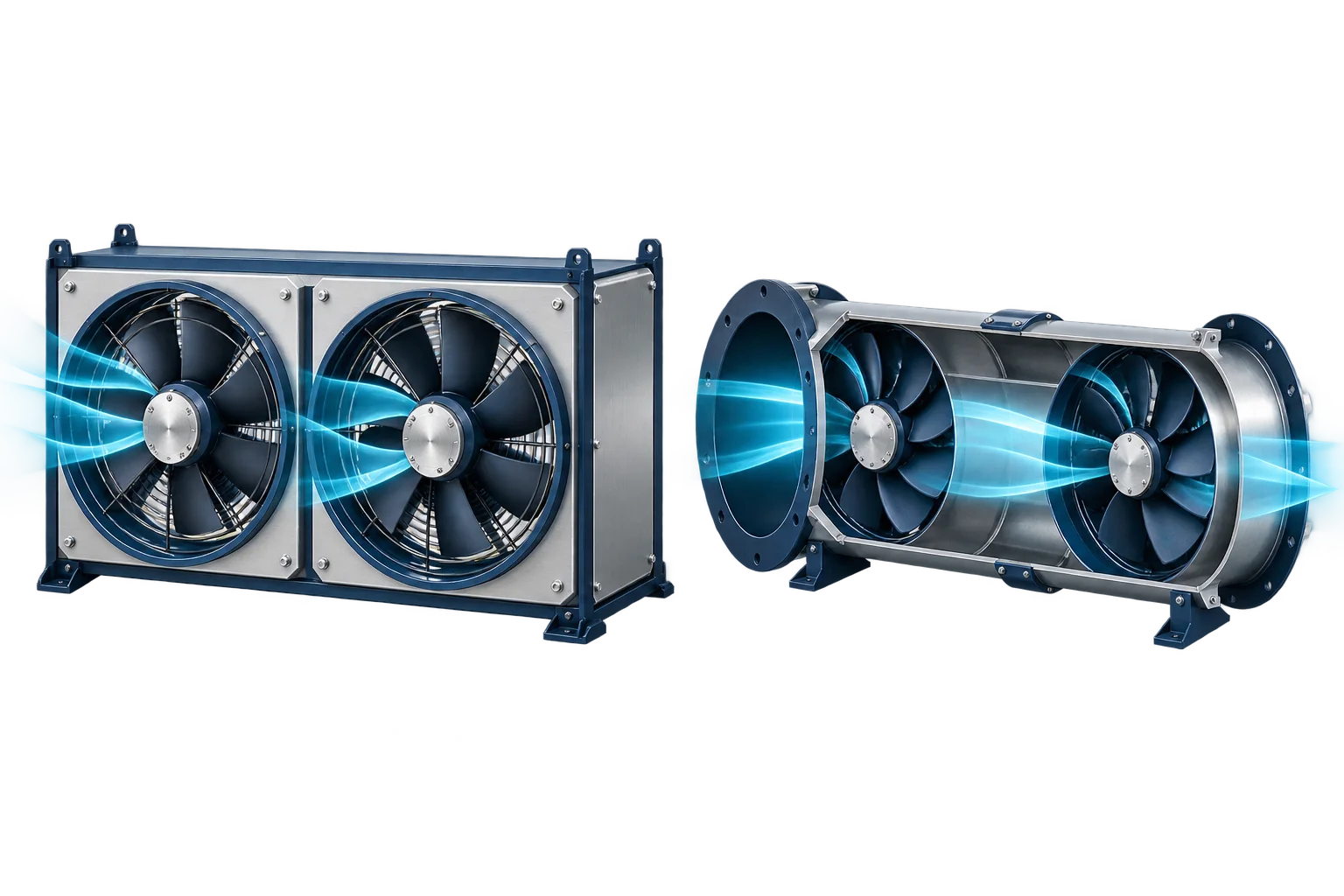 Two axial fans side by side in a common housing (parallel) and two axial fans in line inside a duct section (series), with airflow passing through both