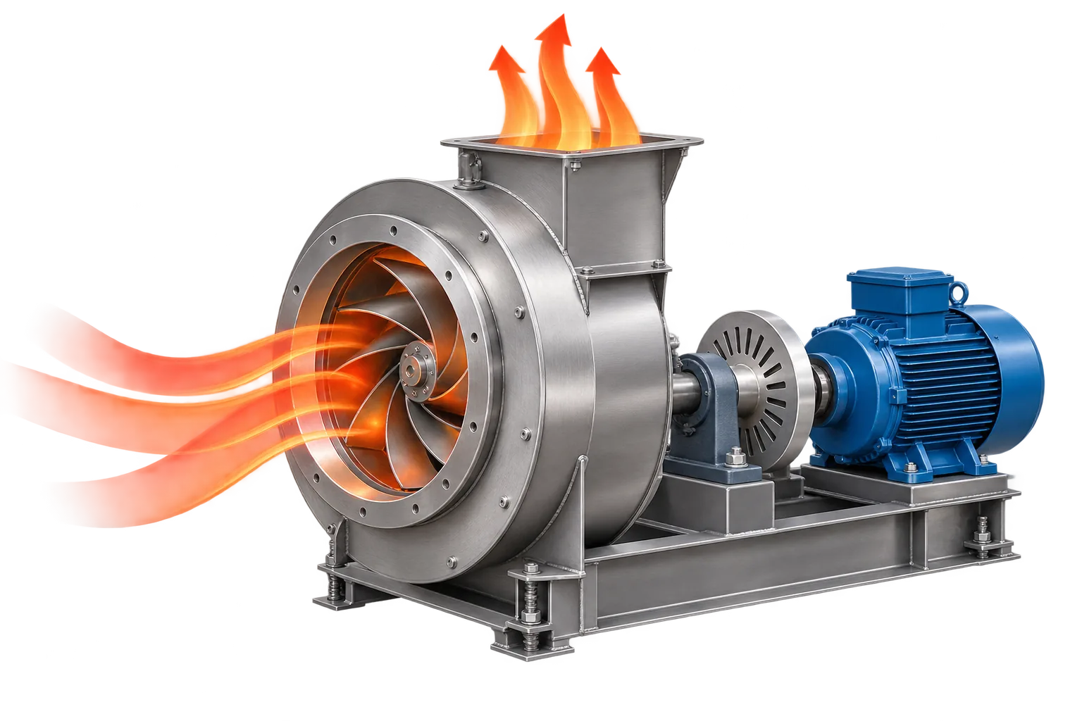 Stainless steel high-temperature centrifugal fan with belt drive, shaft cooling disc and a separately mounted motor, with hot gas flowing through the impeller