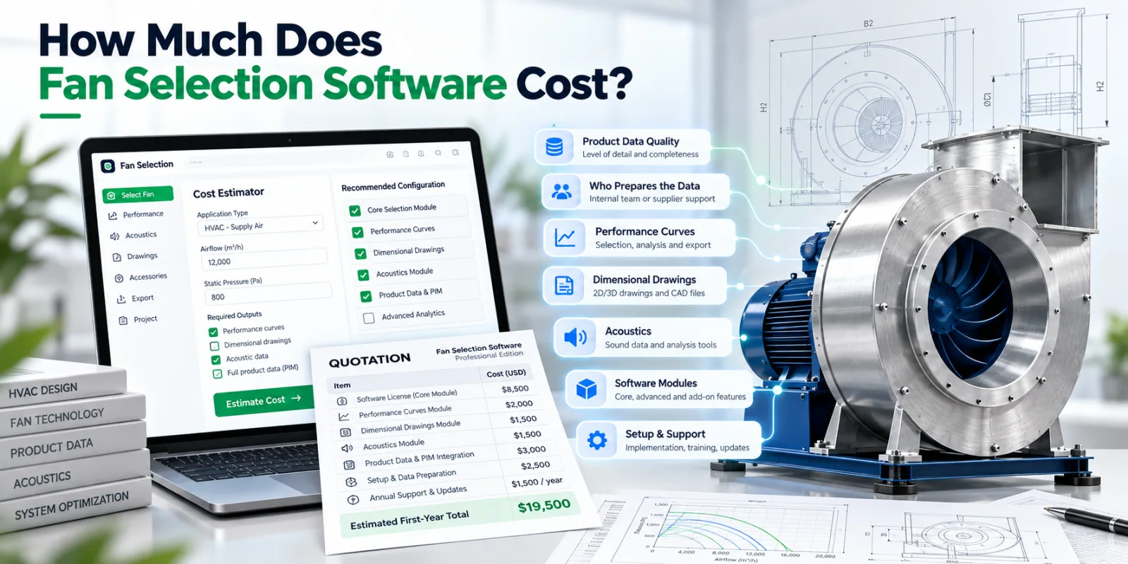 How much does fan selection software cost: a cost estimator on a laptop, a sample quotation and the factors that drive the price, from product data quality and performance curves to drawings, acoustic