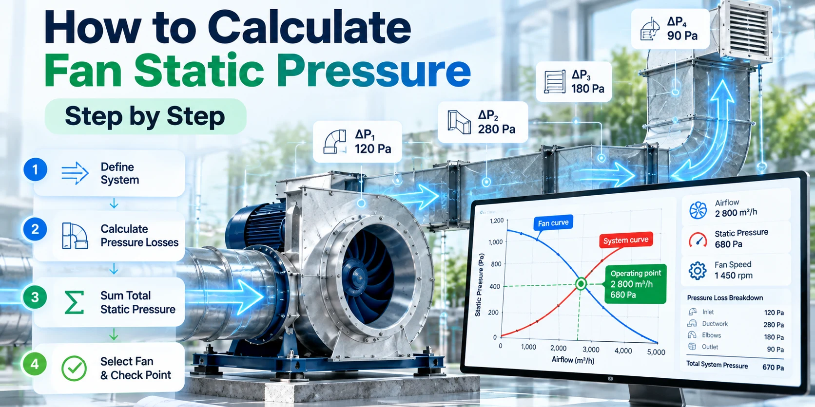 Four steps to calculating fan static pressure: define the system, add the pressure losses of each component, sum the total, then pick a fan whose curve crosses the system curve at the duty point.
