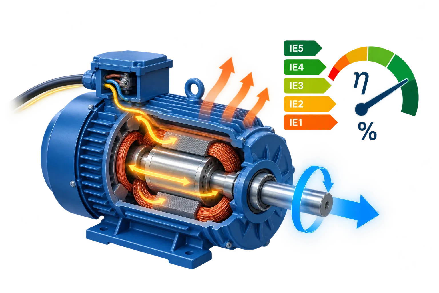 Cutaway induction motor with IE efficiency class ladder