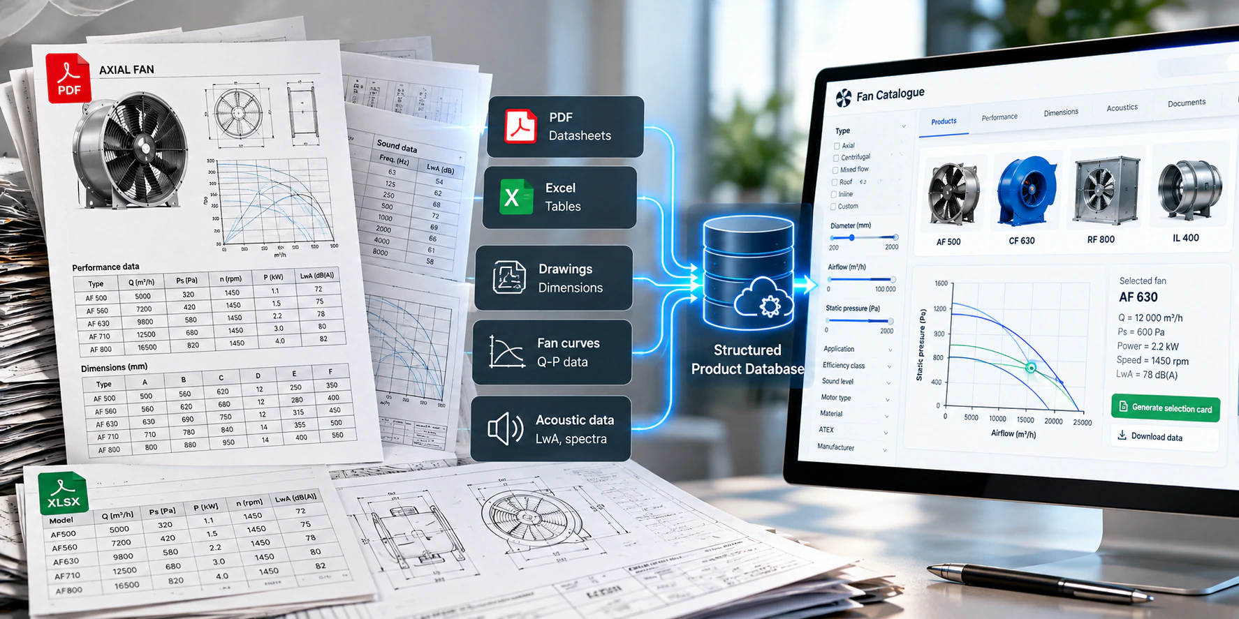 From documents to a fan database: PDF datasheets, Excel tables, drawings, fan curves and acoustic data flowing into a structured product database that powers an online fan catalogue with selection res