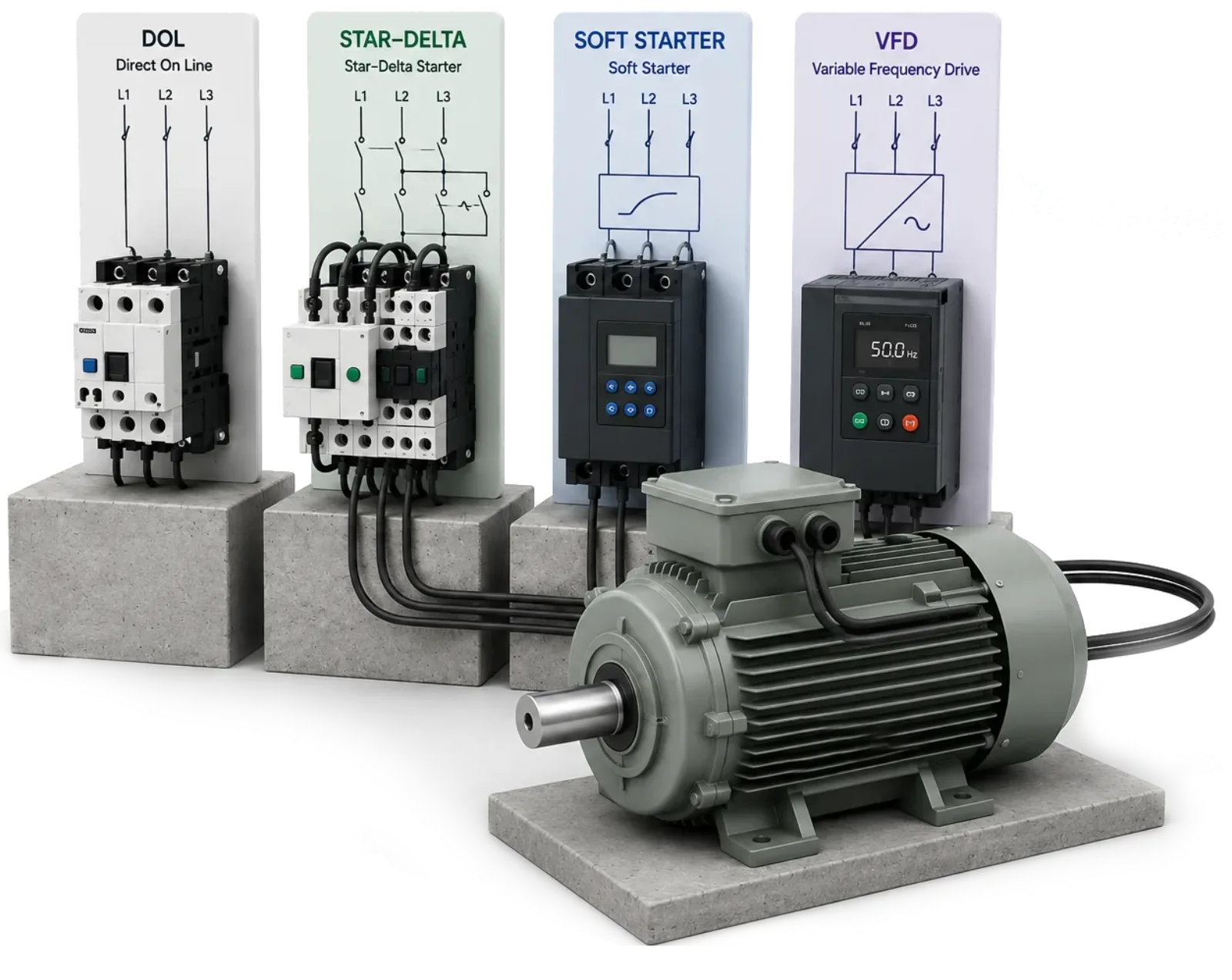 Motor starting control panel with soft starters next to an electric motor