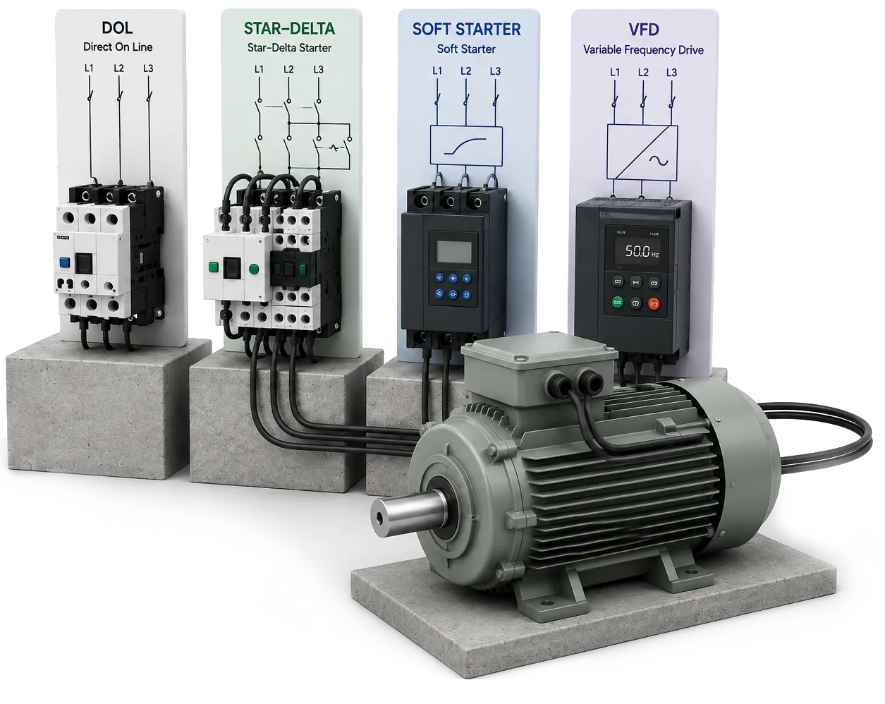 Motor starting control panel with soft starters next to an electric motor