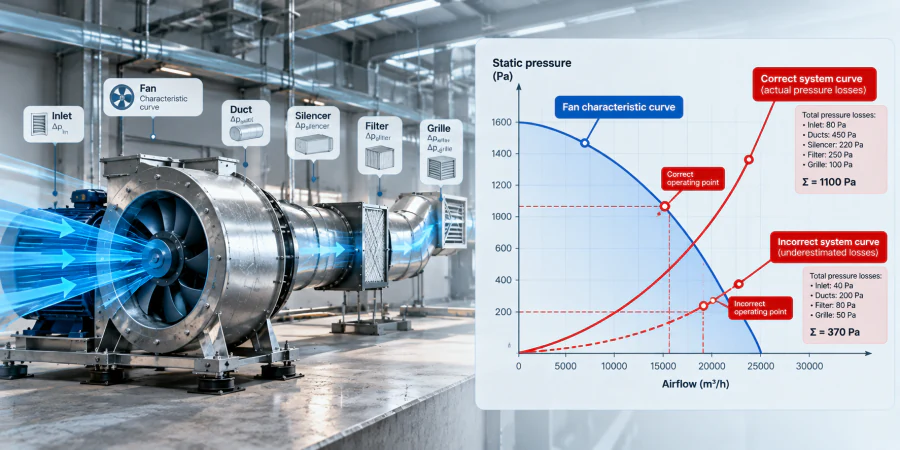 A fan and duct system with inlet, duct, silencer, filter and grille, and a chart in which the fan curve crosses a correct system curve with 1,100 Pa of total losses and an underestimated system curve with 370 Pa, giving two different operating points