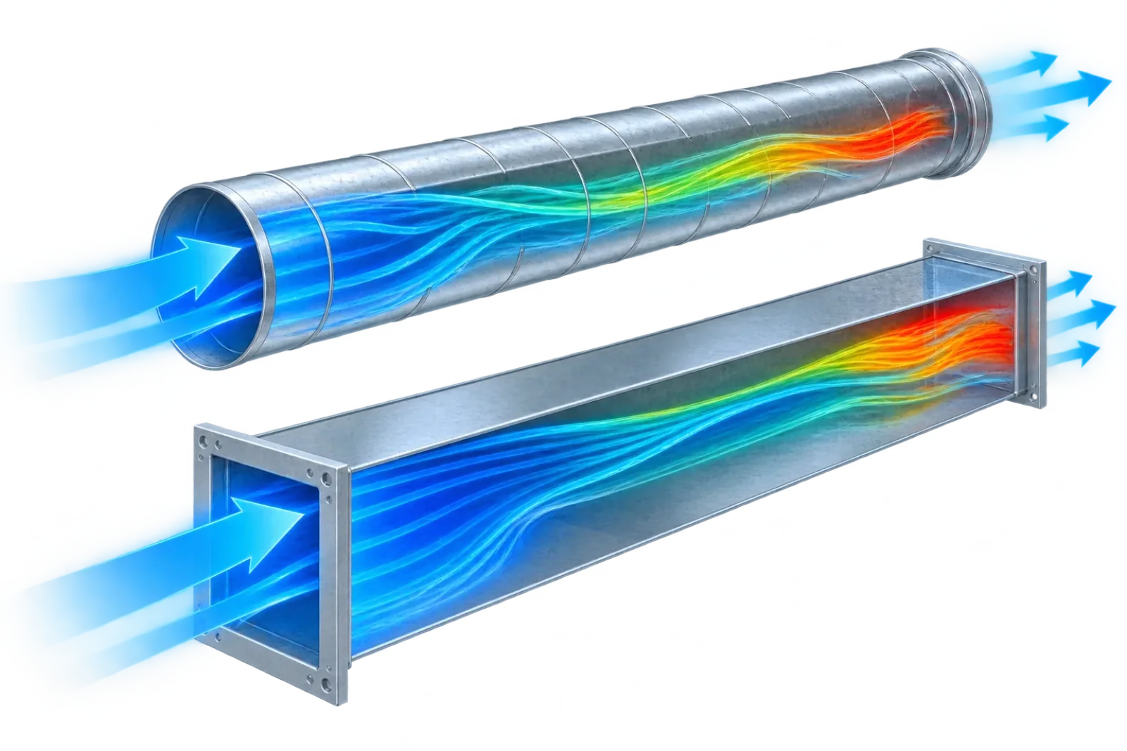 Airflow moving through round and rectangular ducts