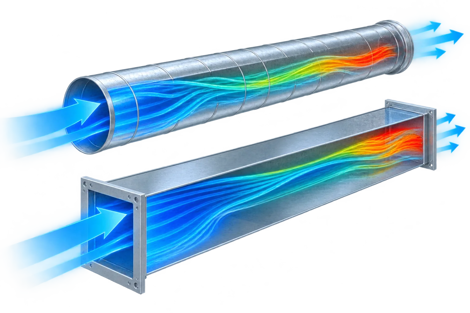 Airflow moving through round and rectangular ducts