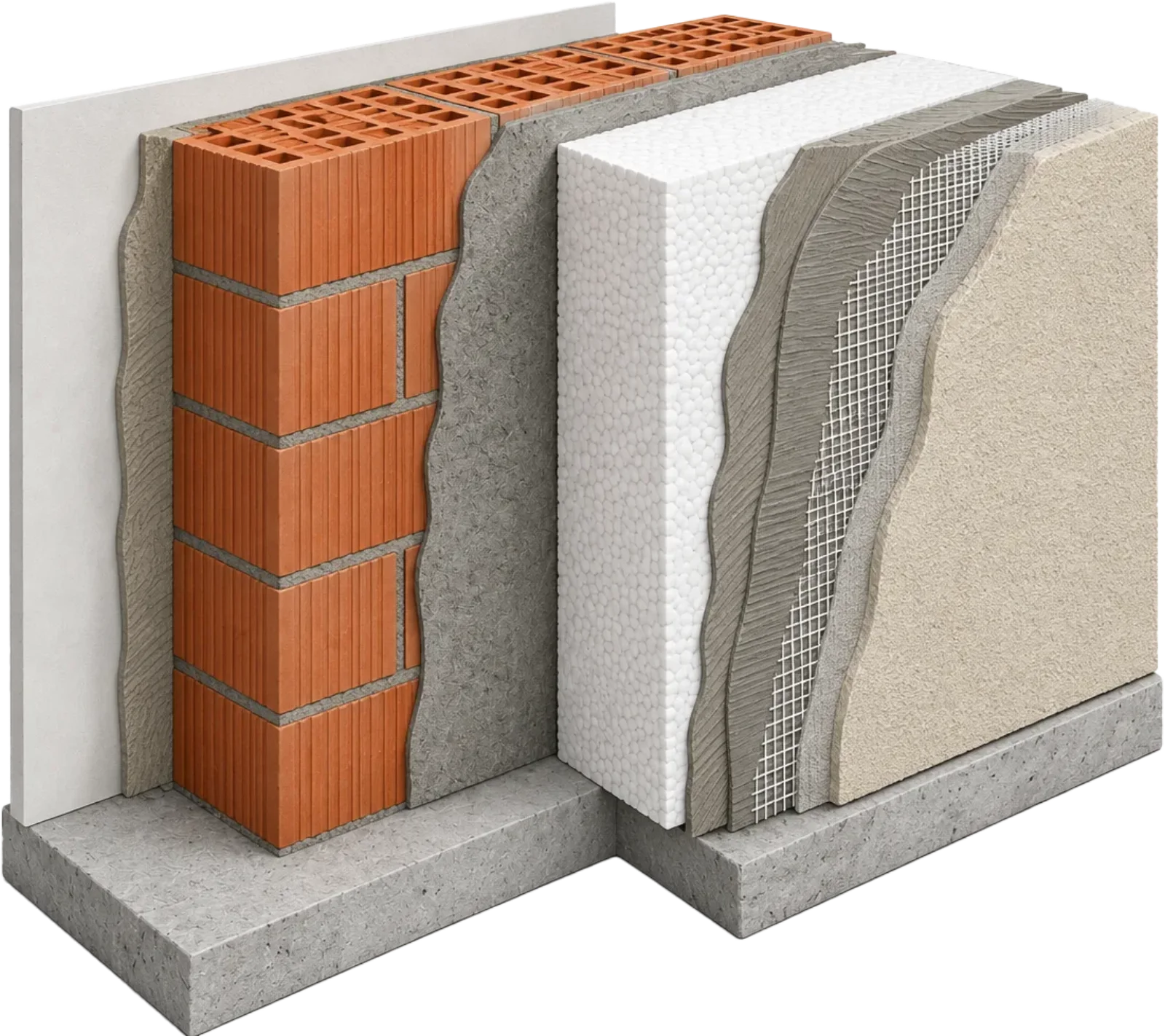 Cross-section render of a layered wall construction, insulation and brick