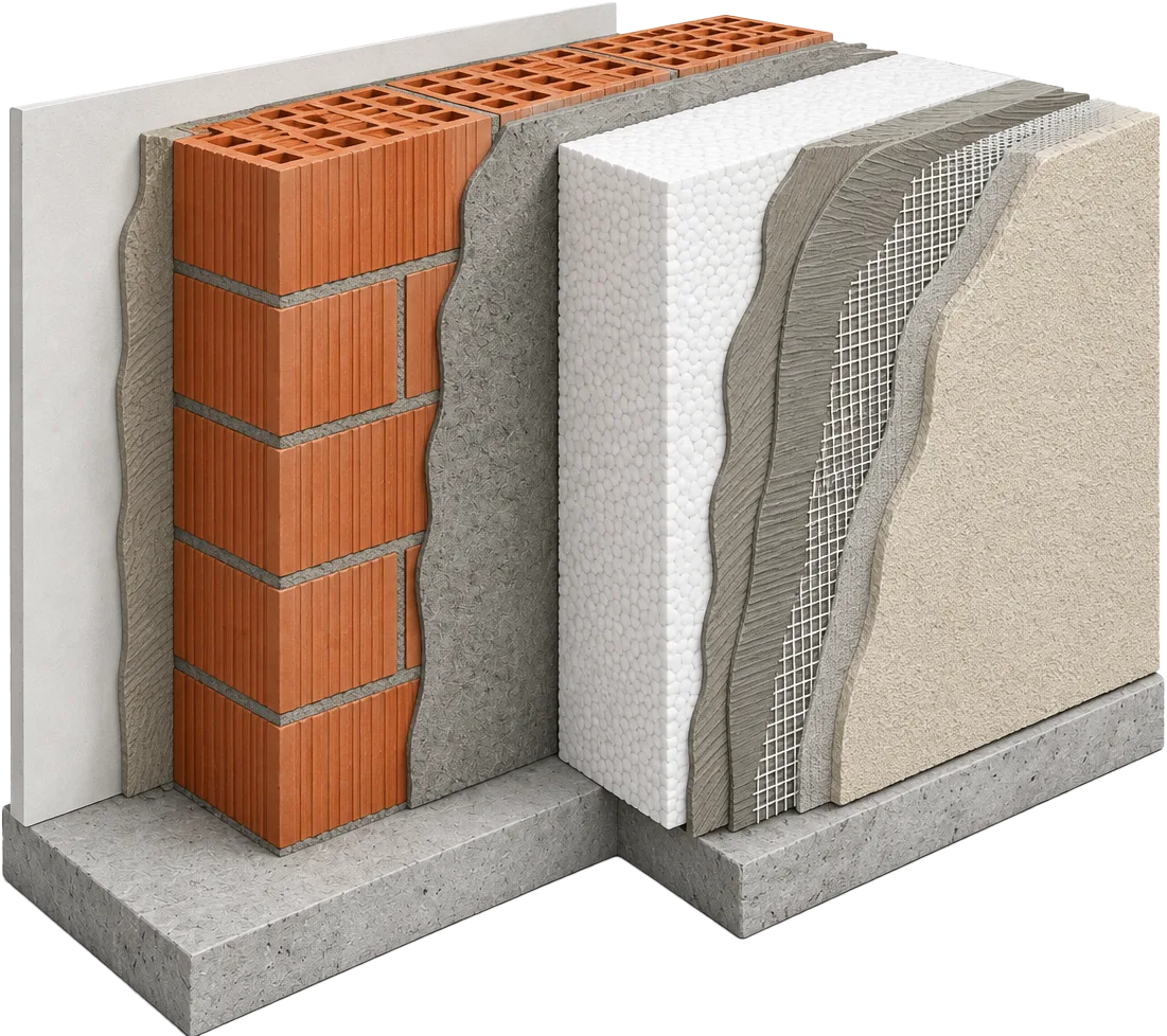 Cross-section render of a layered wall construction, insulation and brick