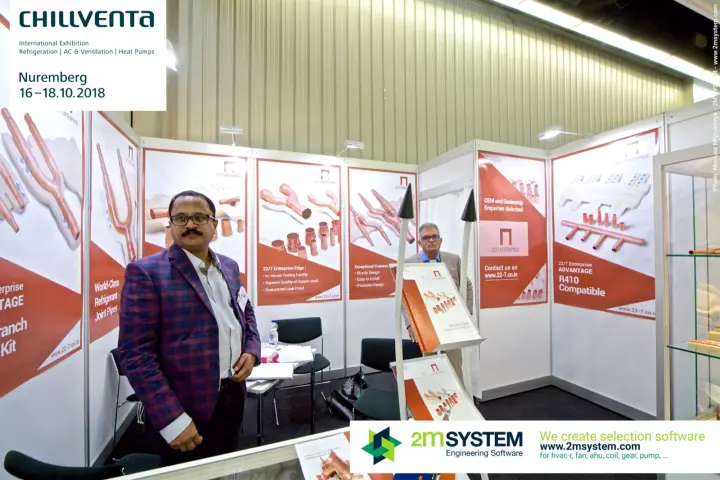 22/7 Enterprise stand with copper refrigerant branch joint posters at Chillventa 2018