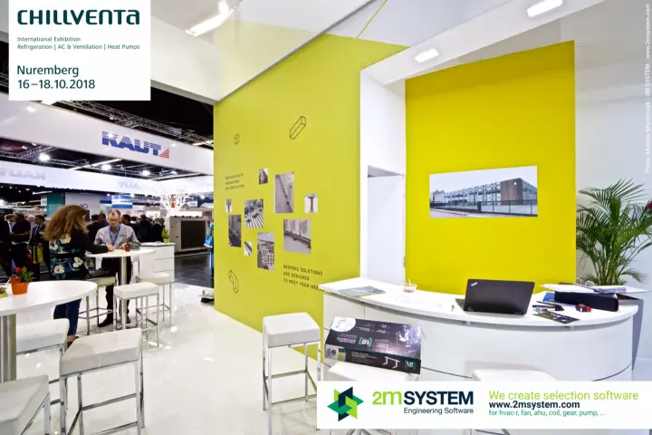 2Emmeclima reception counter and yellow wall of rooftop installation photos at Chillventa 2018
