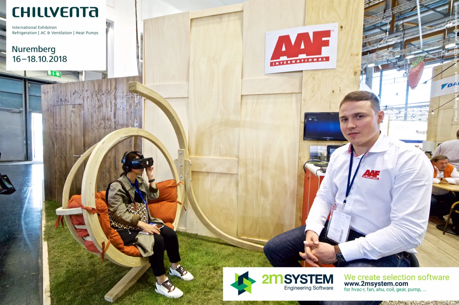 AAF International plywood stand with a swing chair VR experience at Chillventa 2018