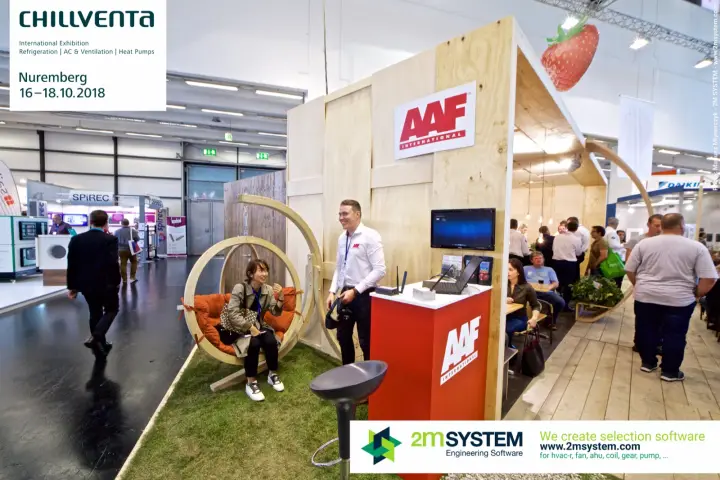 AAF International stand with red logo counter and plywood walls at Chillventa 2018