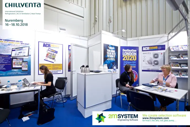 ACR News staff at desks beside the magazine display rack at Chillventa 2018