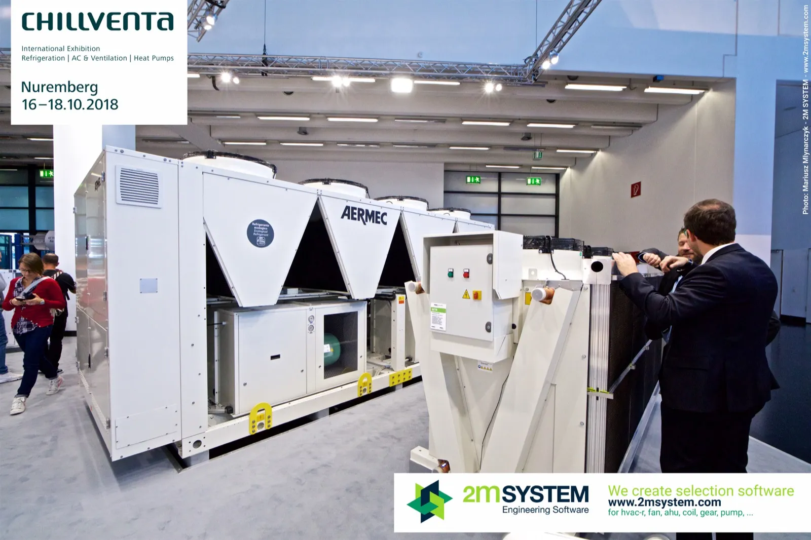 Aermec air-cooled chiller with V-shaped coils next to a dry cooler control box at Chillventa 2018