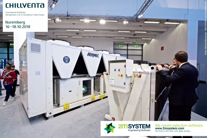 Aermec air-cooled chiller with V-shaped coils next to a dry cooler control box at Chillventa 2018