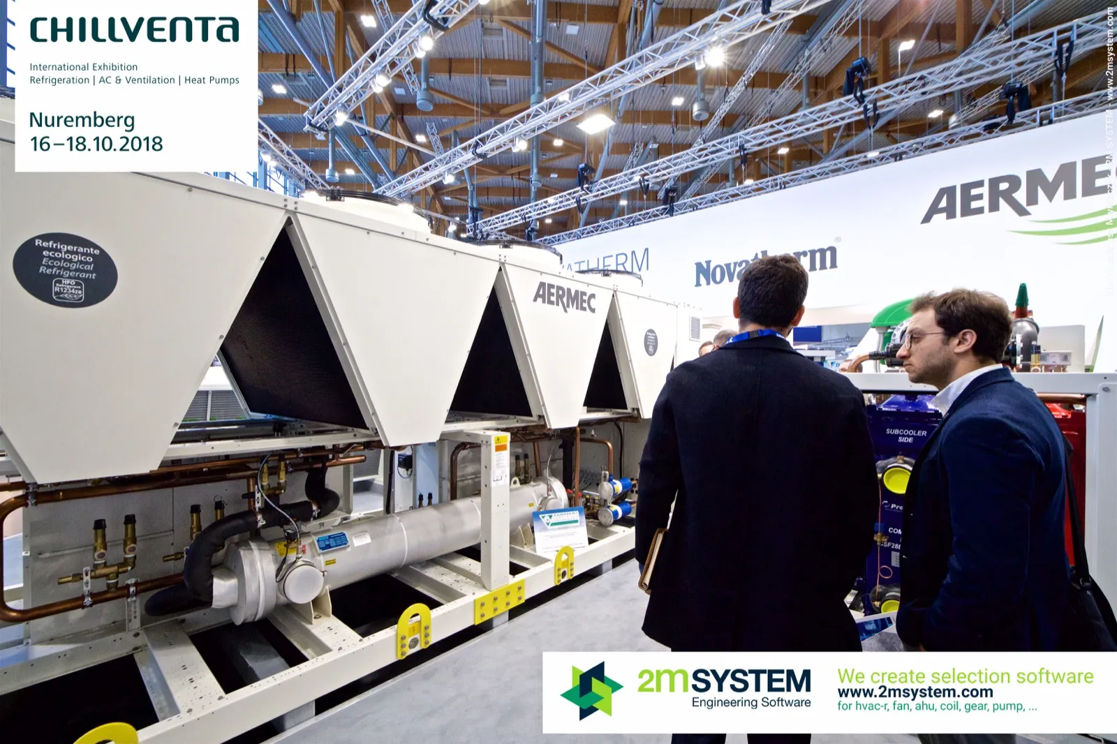 Aermec chiller with open side showing shell-and-tube evaporator and piping at Chillventa 2018