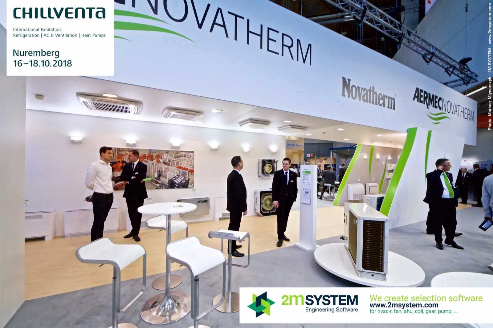 Aermec Novatherm product wall with cassettes, fan coils and factory image at Chillventa 2018