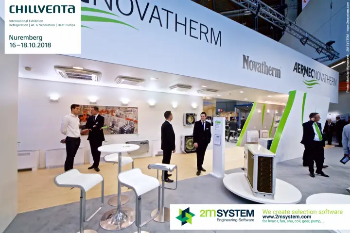 Aermec Novatherm product wall with cassettes, fan coils and factory image at Chillventa 2018
