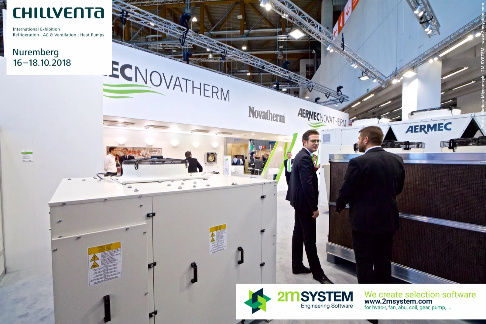 Aermec Novatherm stand with a packaged unit, adiabatic pads and chiller at Chillventa 2018