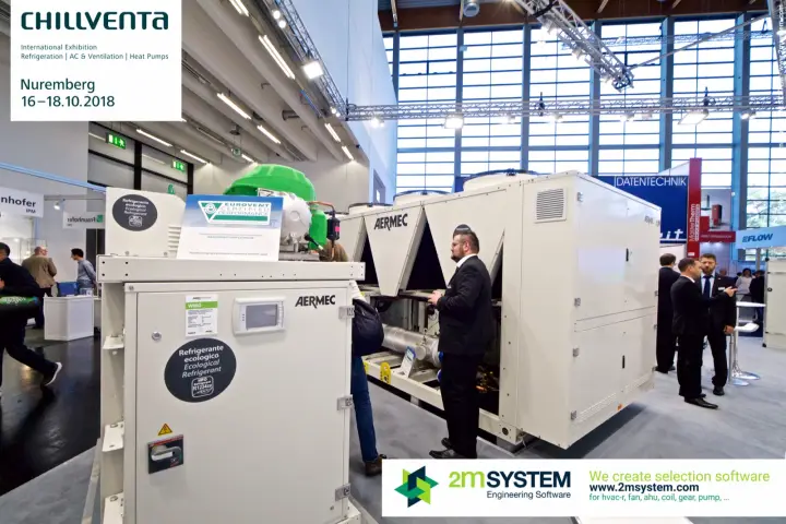Aermec WMG unit with Eurovent label beside a large air-cooled chiller at Chillventa 2018