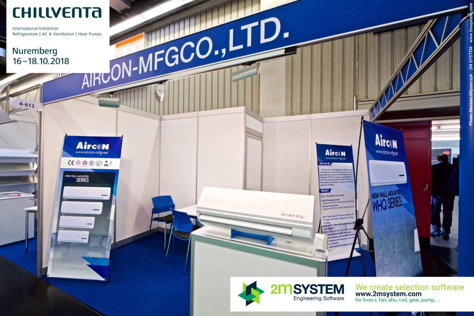 Aircon stand with high-wall fan coil unit and WHQ Series banners at Chillventa 2018