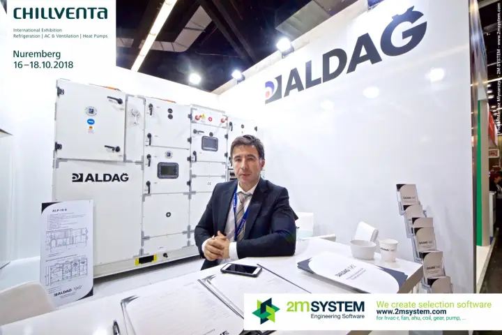 Aldag representative at the desk in front of the ALP-10 S unit at Chillventa 2018