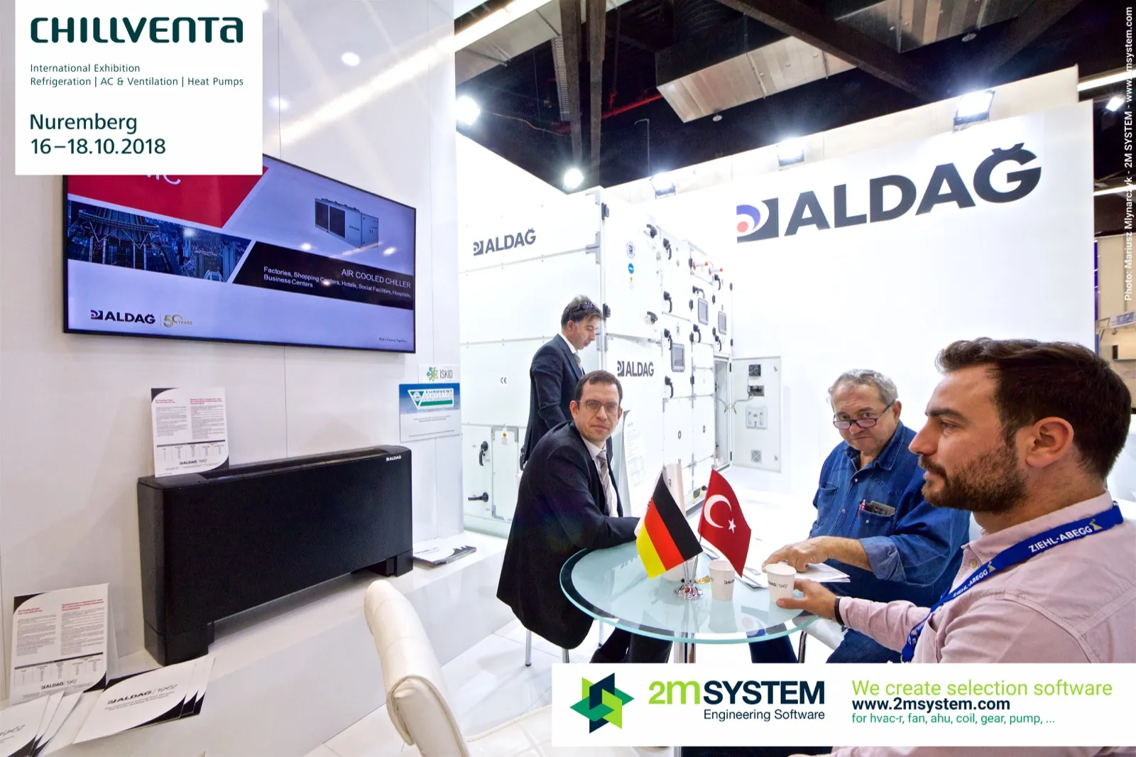 Aldag stand with chiller video screen and black console fan coil at Chillventa 2018