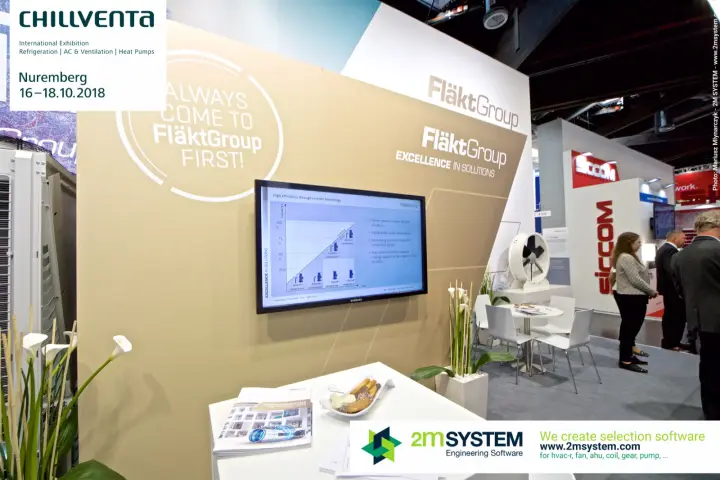 "Always come to FläktGroup first!" wall with inverter chiller presentation