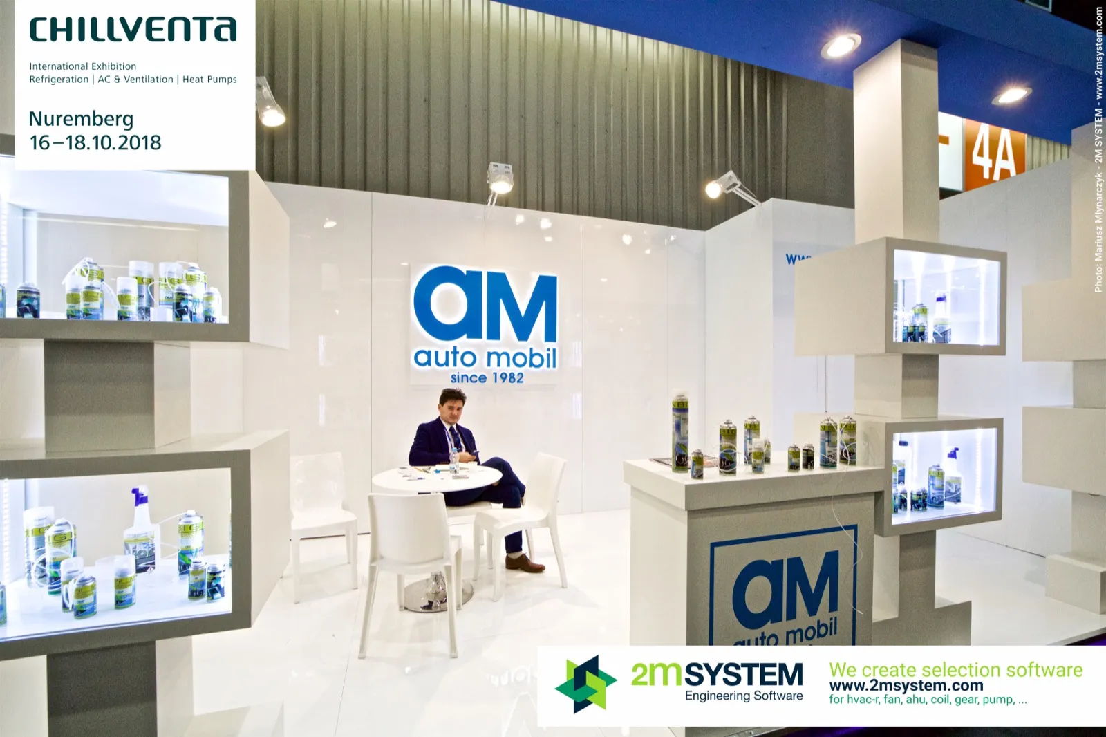 AM Auto Mobil stand with backlit logo and lit niches of service sprays at Chillventa 2018