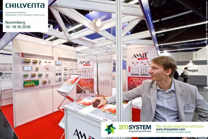 AMiT shell-scheme stand with "Complex building automation" boards at Chillventa 2018