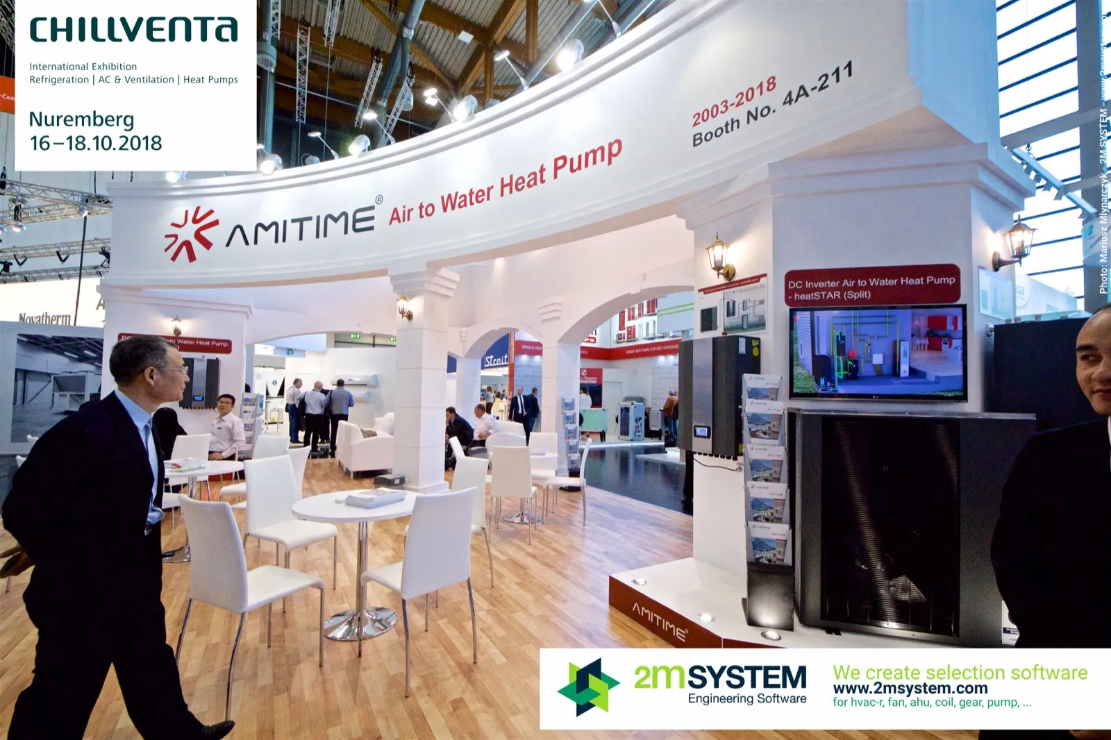 Amitime heatSTAR split heat pump with screen and brochures under the arches at Chillventa 2018