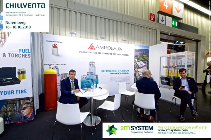 Amtrol-Alfa stand with refrigerant cylinder graphics and meeting tables at Chillventa 2018