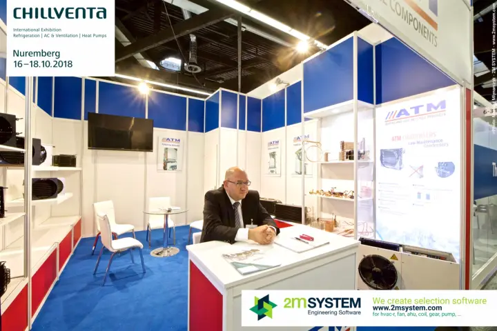 ATM stand with "Low Maintenance Condensers" poster and copper parts at Chillventa 2018