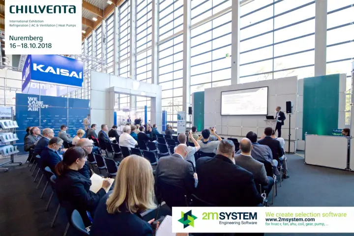 Audience at a technical lecture in the glass-walled forum area at Chillventa 2018