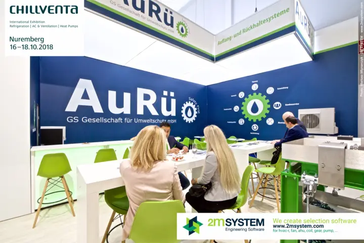 AuRü lounge with service gear graphic and an outdoor unit on display at Chillventa 2018