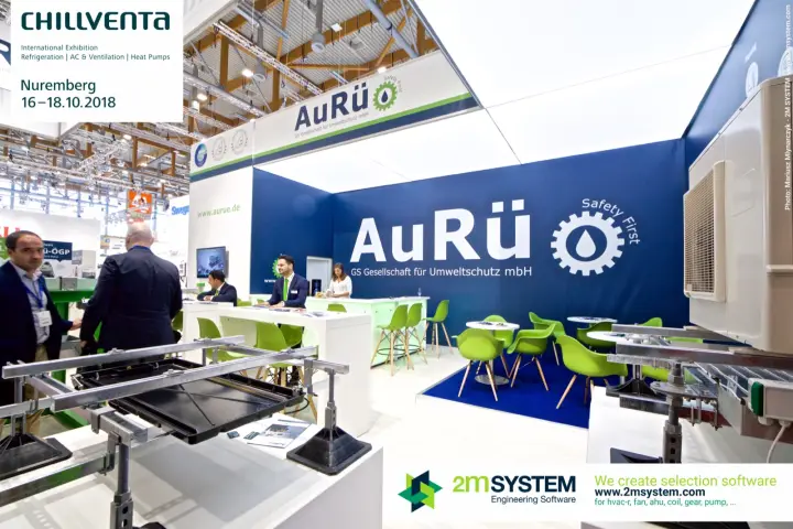 AuRü stand overview with mounting racks and drip trays in the foreground at Chillventa 2018