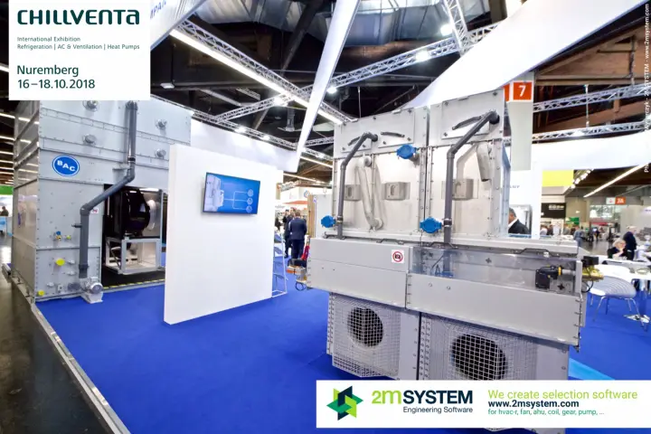 BAC cooling units with piping and fan guards on blue carpet at Chillventa 2018
