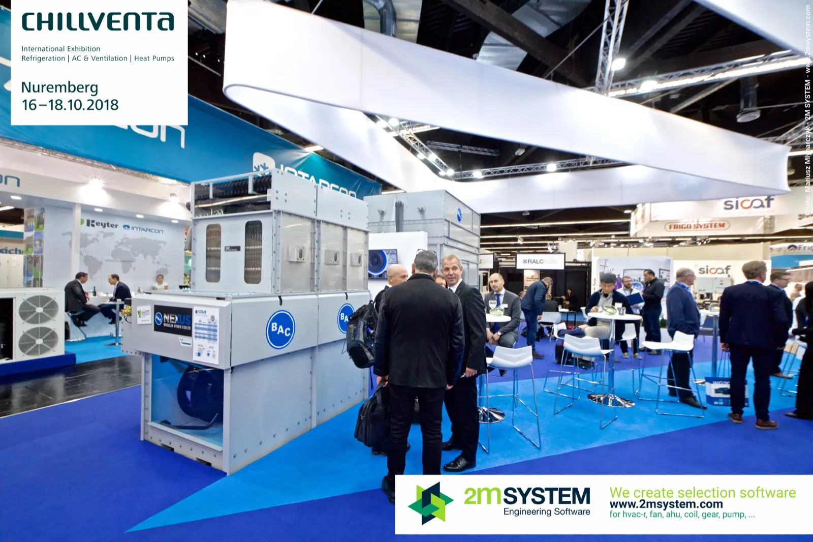 BAC NEXUS modular hybrid cooler on display beside a busy lounge at Chillventa 2018