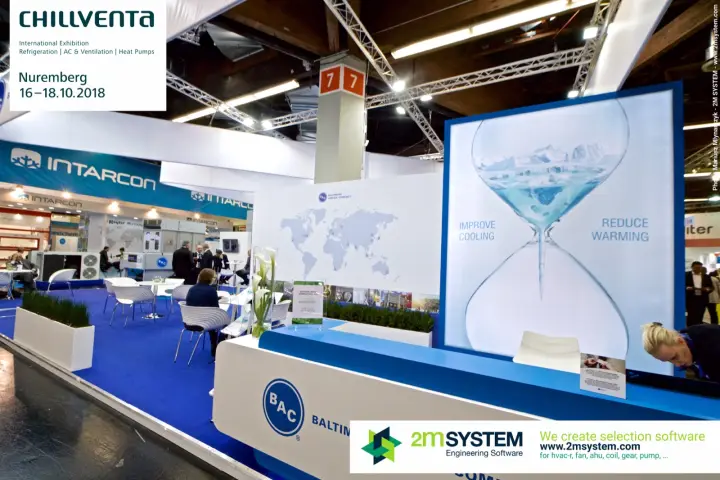 BAC stand counter with backlit hourglass graphic and lounge area at Chillventa 2018