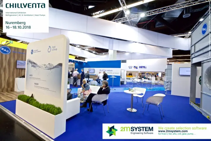 BAC stand with 'Just a Drop' water panel, blue carpet and lounge seating at Chillventa 2018
