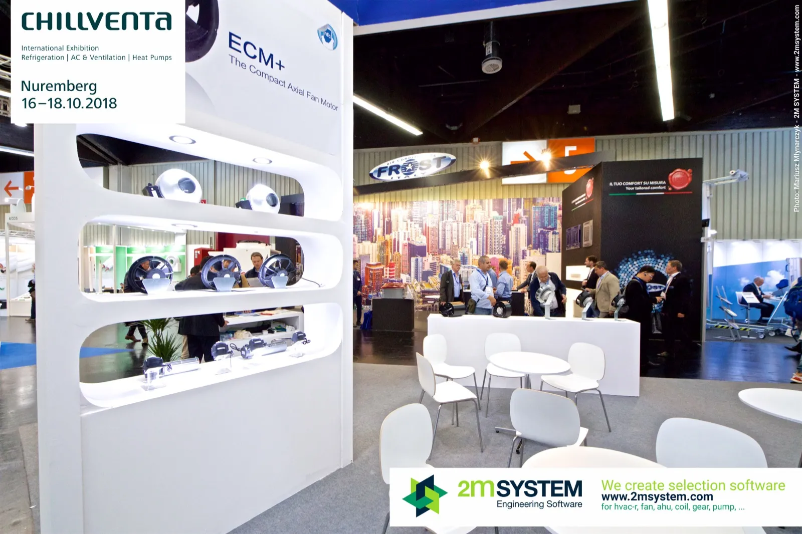 Backlit ECM+ fan shelves on the Weiguang stand at Chillventa 2018