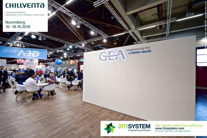 Backlit GEA logo wall beside the stand's busy lounge area at Chillventa 2018