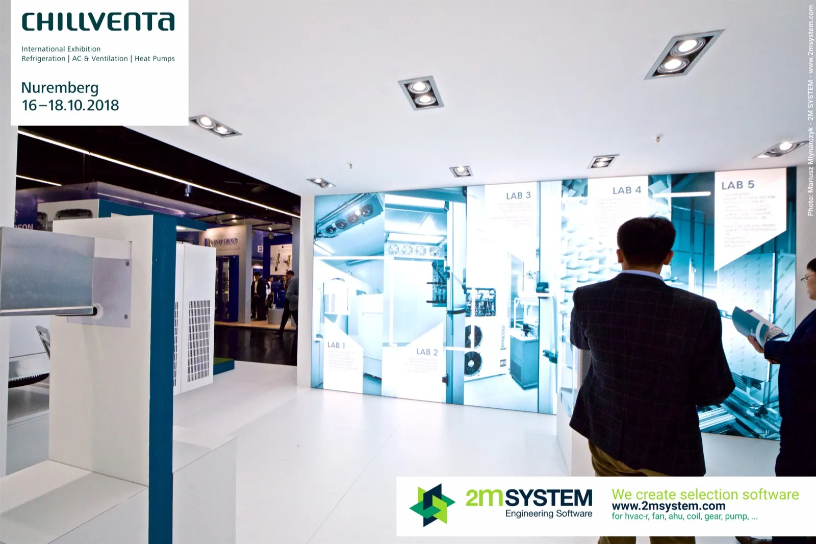 Backlit Rivacold wall presenting its test laboratories Lab 1 to Lab 5 at Chillventa 2018
