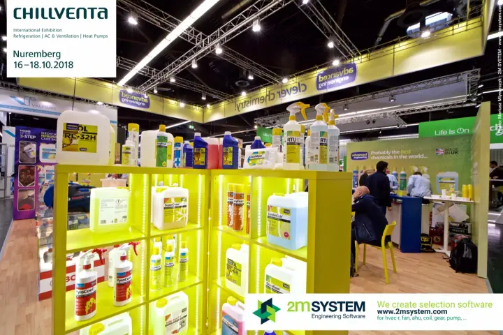 Backlit shelves of Advanced Engineering cleaning and service chemicals at Chillventa 2018
