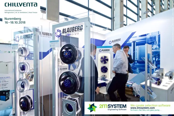 Backward-curved impellers on glass towers at Blauberg Motoren at Chillventa 2018