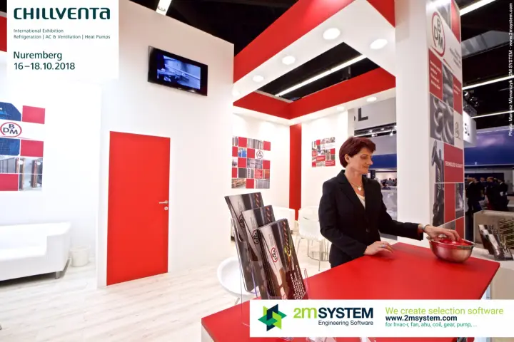 BDM reception desk with brochure rack, red door and wall screen at Chillventa 2018