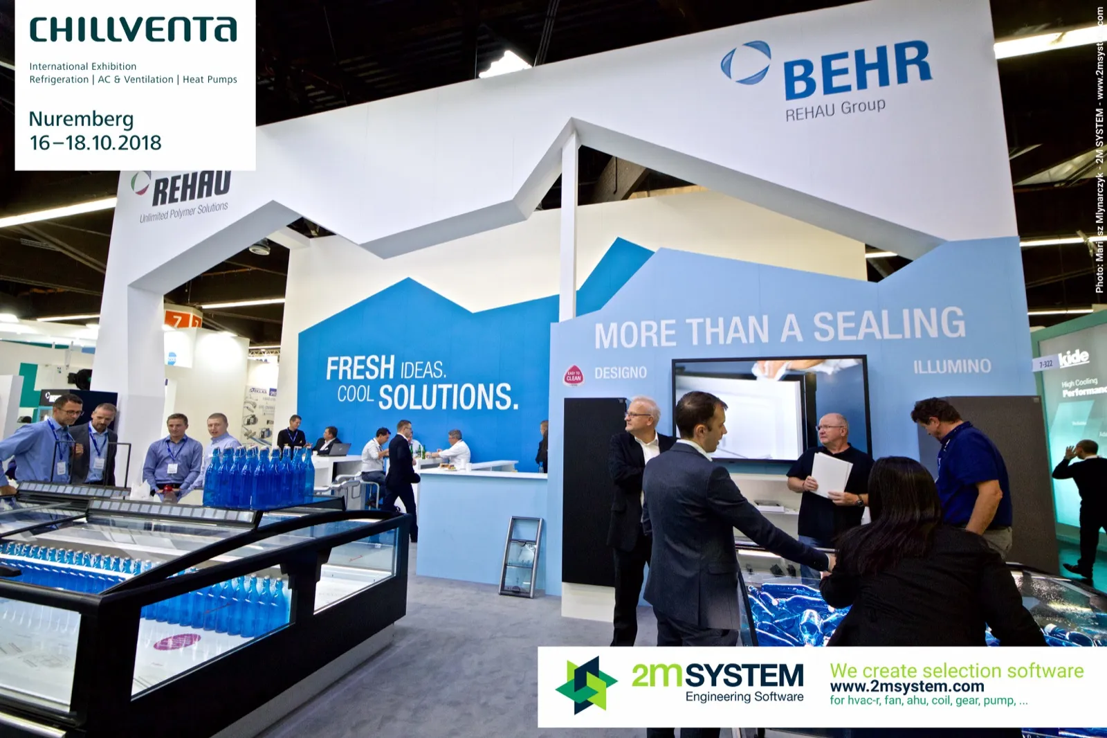 Behr and Rehau stand with "Fresh ideas. Cool solutions." wall at Chillventa 2018