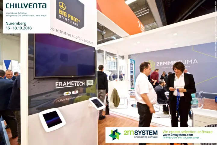 Big Foot Systems rooftop support column with Frametech screen and tablet kiosks at Chillventa 2018