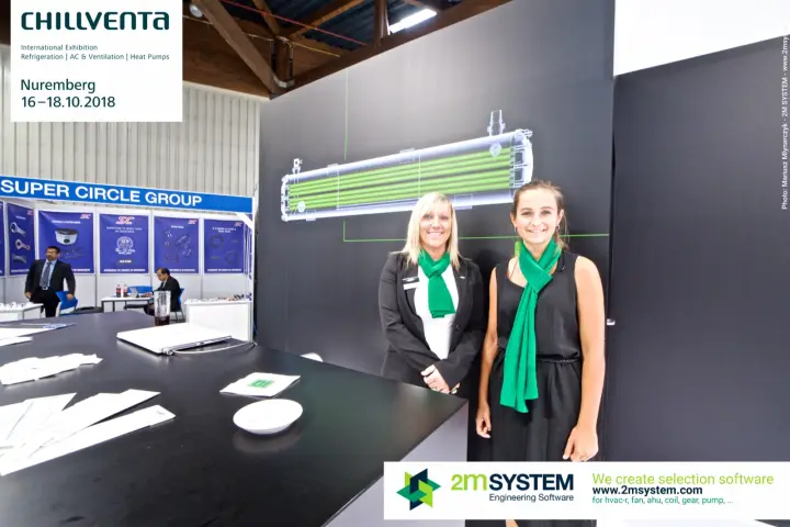 Bitzer staff beside a shell-and-tube heat exchanger drawing at Chillventa 2018